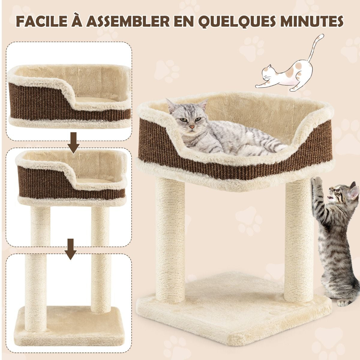 Tour D'Arbre À Chat Compacte Avec Perchoir En Peluche Et Griffoirs Pour Se Faire Ses Griffes