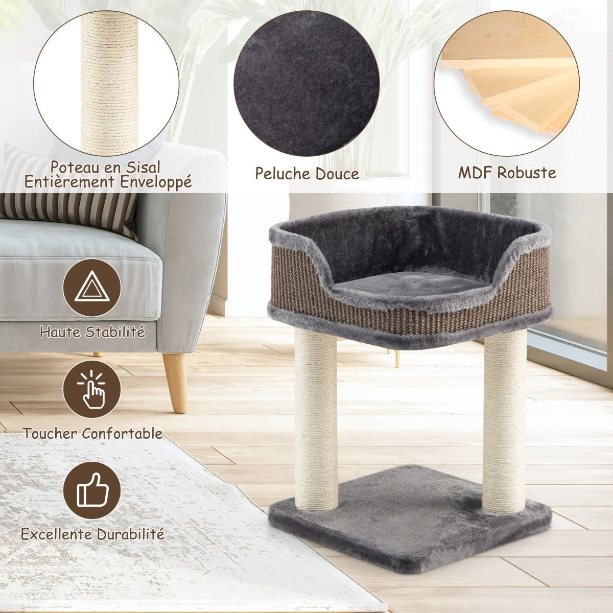 Tour D'Arbre À Chat Compacte Avec Perchoir En Peluche Et Griffoirs Pour Se Faire Ses Griffes