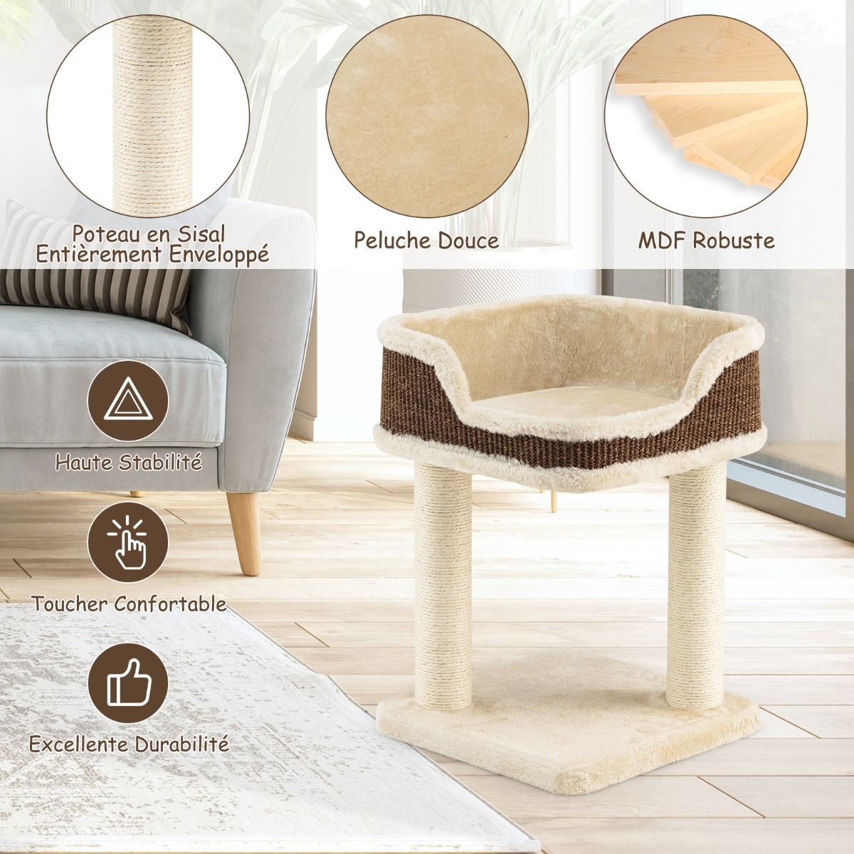 Tour D'Arbre À Chat Compacte Avec Perchoir En Peluche Et Griffoirs Pour Se Faire Ses Griffes